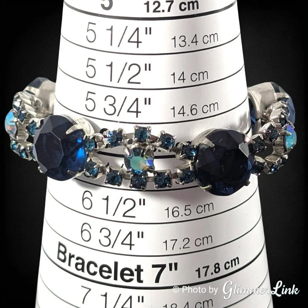 Vintage Blue Glass AB Rhinestone Prong Set Scalloped Silver Tone Bracelet